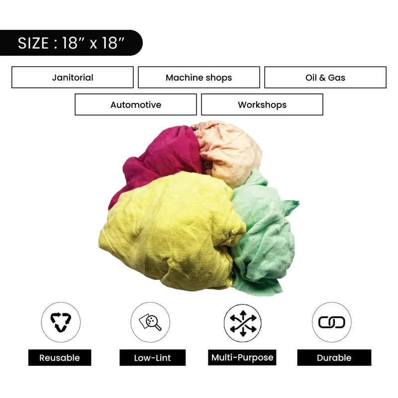 Multi-color washed T-shirt rags from Wiping Hub, 40 bags totaling 1000 lbs., shown on a pallet.