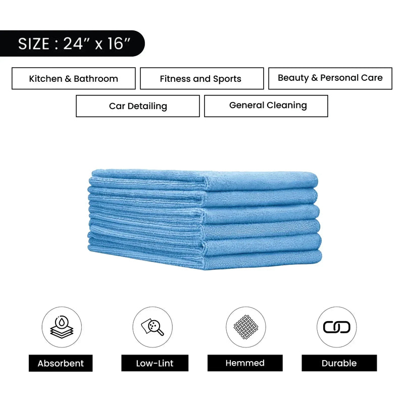 Color Microfiber Hand Towels - Blue - 24" x 16" - 24 Counts