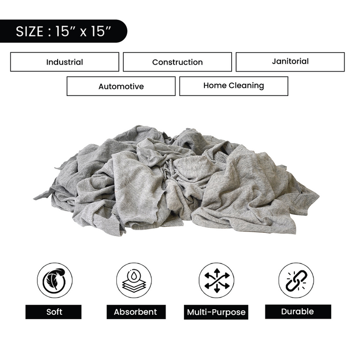 Gray Knit T-Shirt Material Wiping Rags – 1 lb. Bag Pack of 24