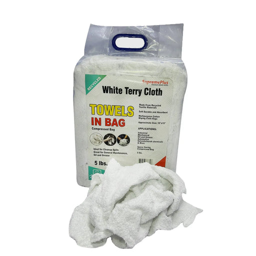 Recycled White Terry Towel Cleaning Rags - 800 lbs. Pallet - 160 x 5 lbs.  Bags - Wiping Hub