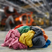 Recycled color knit T-shirt cleaning rags from Wiping Hub, soft and reusable wiping cloths for cleaning tasks.