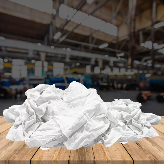 White recycled knit T-shirt cleaning rag, industrial towel by Wiping Hub, showing a soft, reusable fabric for cleaning purposes.