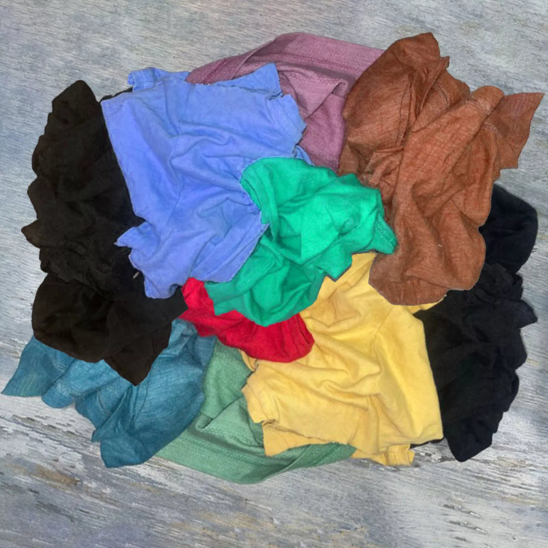 Recycled color knit T-shirt cleaning rags by Wiping Hub, soft woven wiping rags for cleaning and polishing tasks.