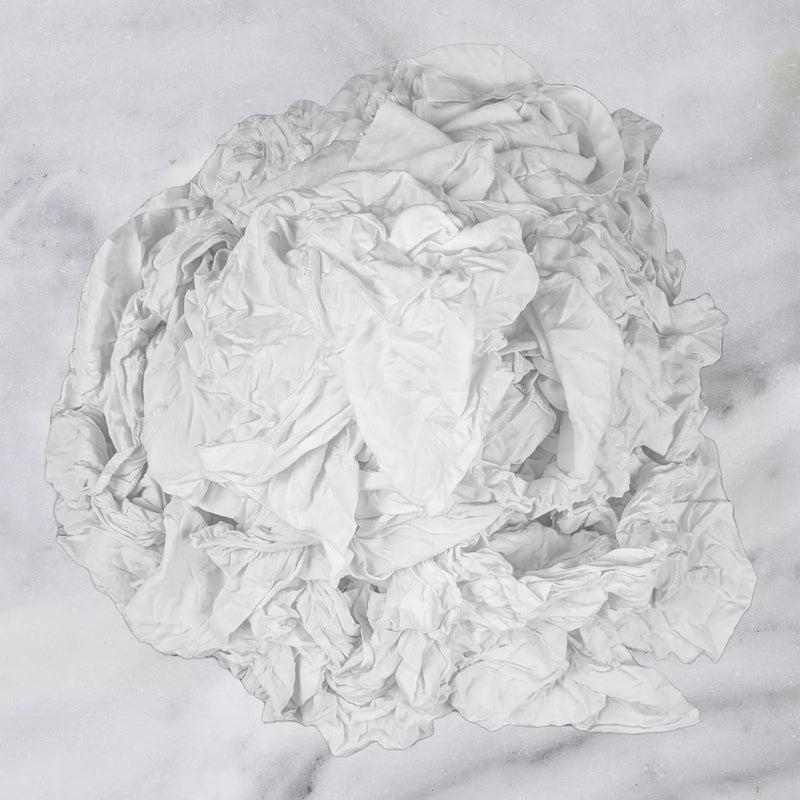 Recycled white knit T-shirt cleaning rags, industrial towels from Wiping Hub, suitable for industrial cleaning and wiping tasks.
