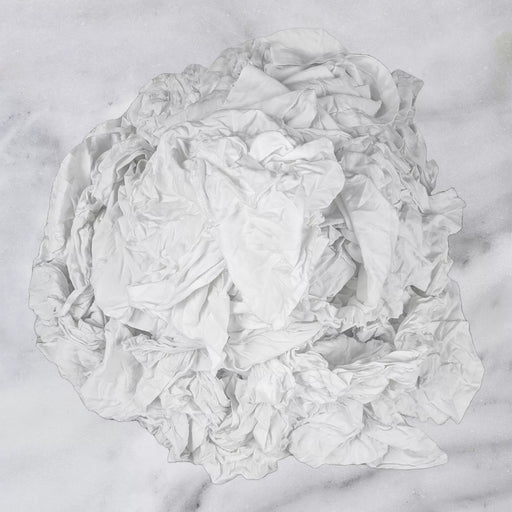 Recycled white knit T-shirt cleaning rags, industrial towels from Wiping Hub, suitable for industrial cleaning and wiping tasks.