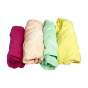 Assorted multi-color washed T-shirt rags from Wiping Hub on a pallet, 40 bags weighing 25 lbs each, for cleaning and wiping tasks.