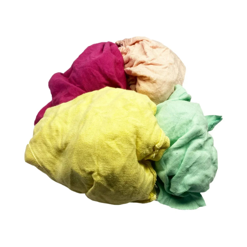 Multi-color washed T-shirt rags on a pallet, packaged in 40 bags, ideal for industrial cleaning by Wiping Hub.