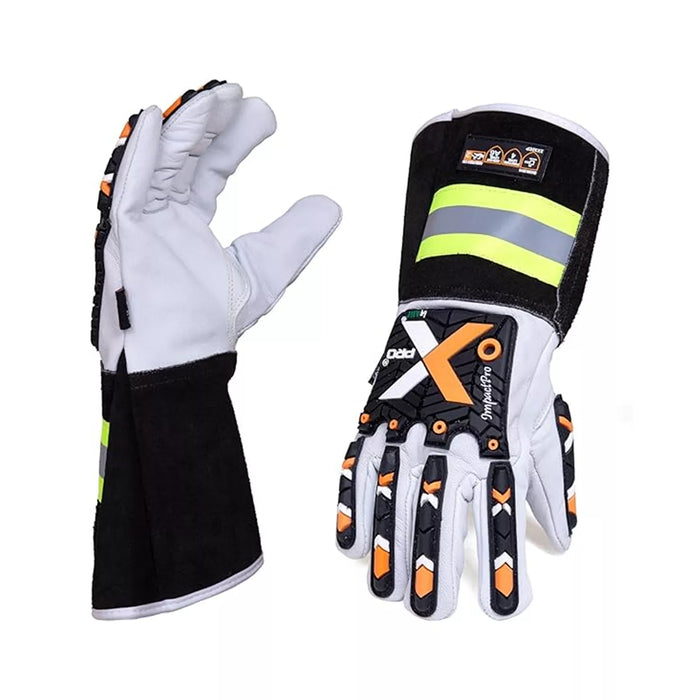 Cut & Impact Resistant Goatskin Leather Gloves with Extended HI-VIZ Black Cuff - White & Black - L, XL, 2XL - Wiping Hub