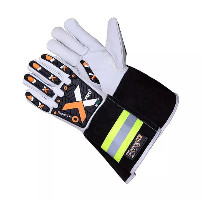 Cut & Impact Resistant Goatskin Leather Gloves with Extended HI-VIZ Black Cuff - White & Black - L, XL, 2XL - Wiping Hub