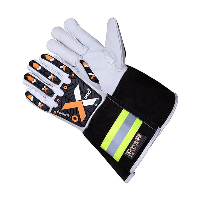 Cut & Impact Resistant Goatskin Leather Gloves with Extended HI-VIZ Black Cuff - White & Black - L, XL, 2XL