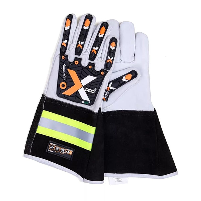 Cut & Impact Resistant Goatskin Leather Gloves with Extended HI-VIZ Black Cuff - White & Black - L, XL, 2XL - Wiping Hub