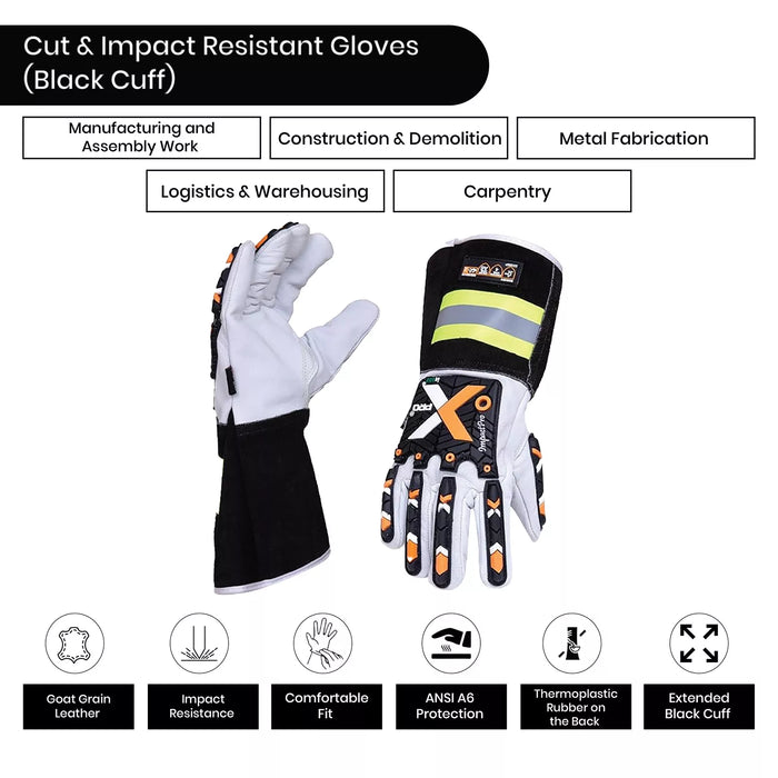 Cut & Impact Resistant Goatskin Leather Gloves with Extended HI-VIZ Black Cuff - White & Black - L, XL, 2XL - Wiping Hub
