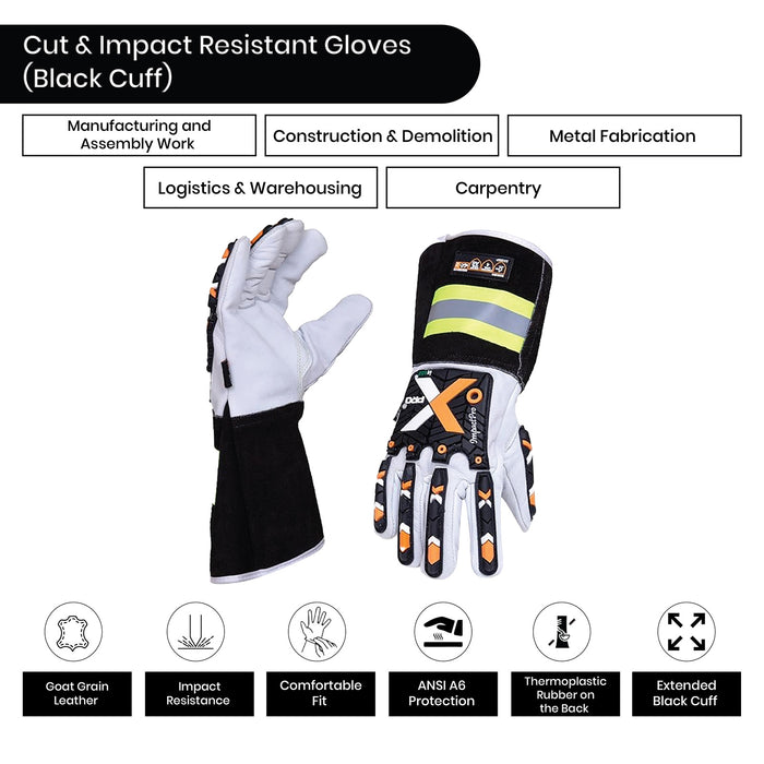 Cut & Impact Resistant Goatskin Leather Gloves with Extended HI-VIZ Black Cuff - White & Black - L, XL, 2XL