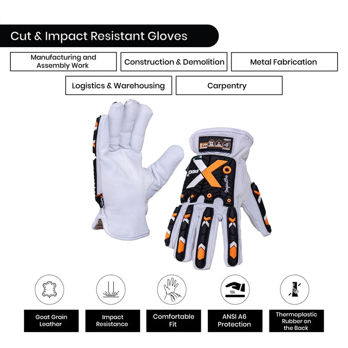 Cut & Impact Resistant Goatskin Leather Gloves - White & Black - L, XL, 2XL