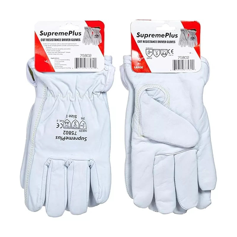 Cut Resistant Goatskin Leather Driver Gloves - White - L, XL, 2XL - Wiping Hub