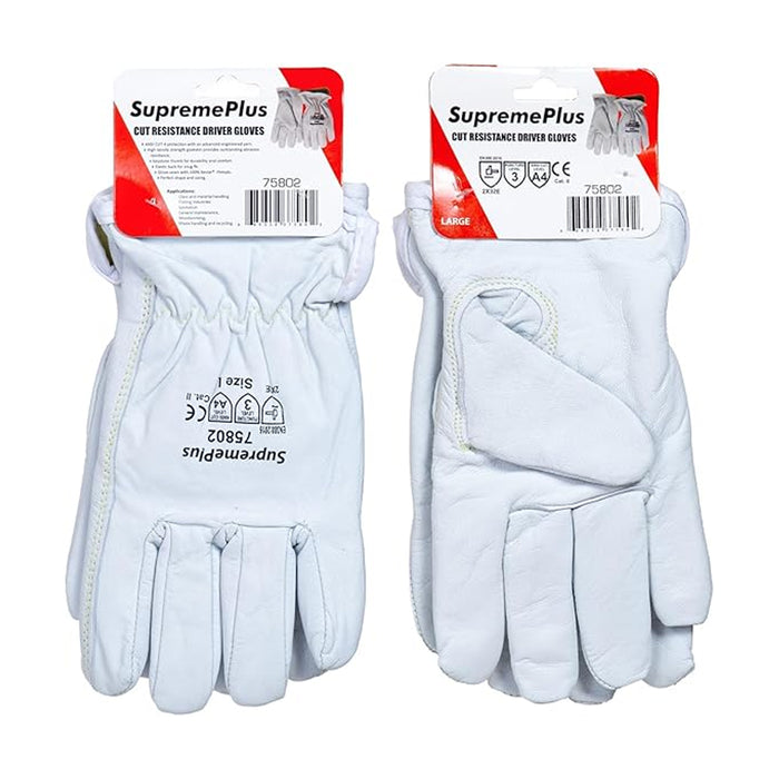 Cut Resistant Goatskin Leather Driver Gloves - White - L, XL, 2XL