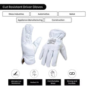 Cut Resistant Goatskin Leather Driver Gloves - White - L, XL, 2XL - Wiping Hub