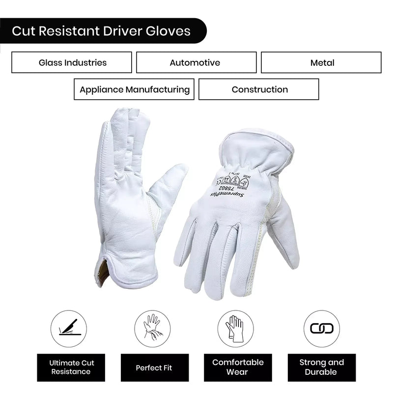 Cut Resistant Goatskin Leather Driver Gloves - White - L, XL, 2XL - Wiping Hub