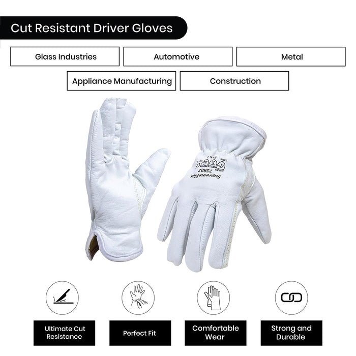 Cut Resistant Goatskin Leather Driver Gloves - White - L, XL, 2XL