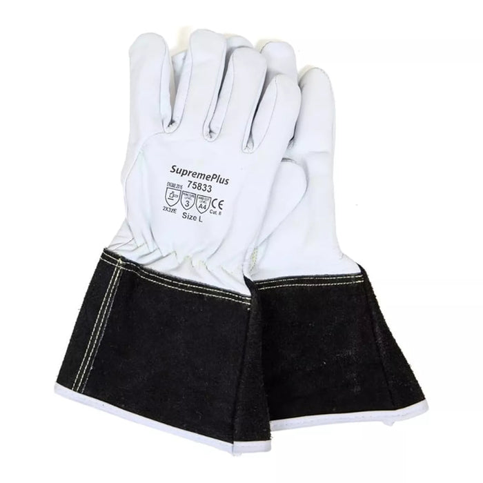 Cut Resistant Goatskin Leather TIG Welding Gloves with Extended Black Cuff - White - L, XL, 2XL - Wiping Hub