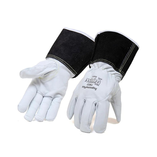 Cut Resistant Goatskin Leather TIG Welding Gloves with Extended Black Cuff - White - L, XL, 2XL