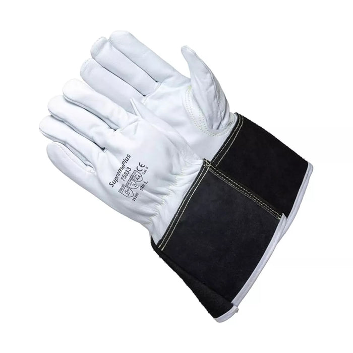 Cut Resistant Goatskin Leather TIG Welding Gloves with Extended Black Cuff - White - L, XL, 2XL - Wiping Hub
