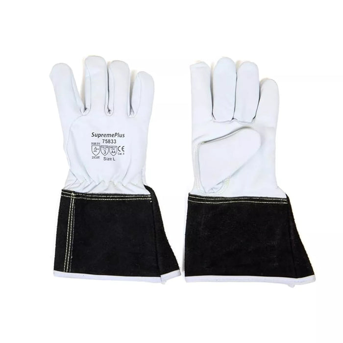 Cut Resistant Goatskin Leather TIG Welding Gloves with Extended Black Cuff - White - L, XL, 2XL - Wiping Hub