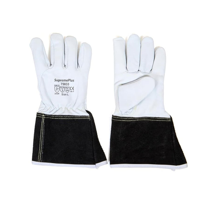 Cut Resistant Goatskin Leather TIG Welding Gloves with Extended Black Cuff - White - L, XL, 2XL