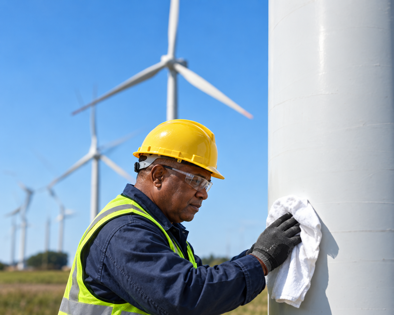 Wind farm technician wearing a yellow hard hat cleaning turbine equipment with a white wiping cloth