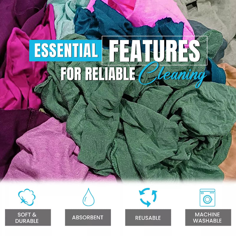 Recycled color knit T-shirt cleaning rags from Wiping Hub, used as versatile wiping cloths for cleaning and polishing.