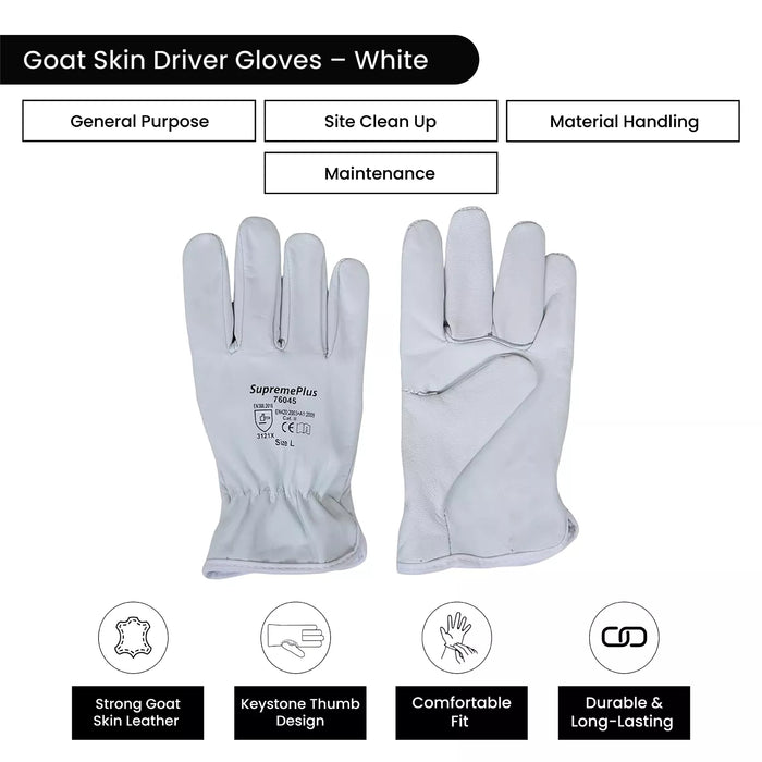 Goatskin Leather Driver Gloves - White - L, XL, 2XL - Wiping Hub