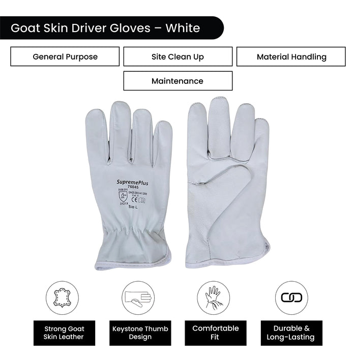 Goatskin Leather Driver Gloves - White - L, XL, 2XL