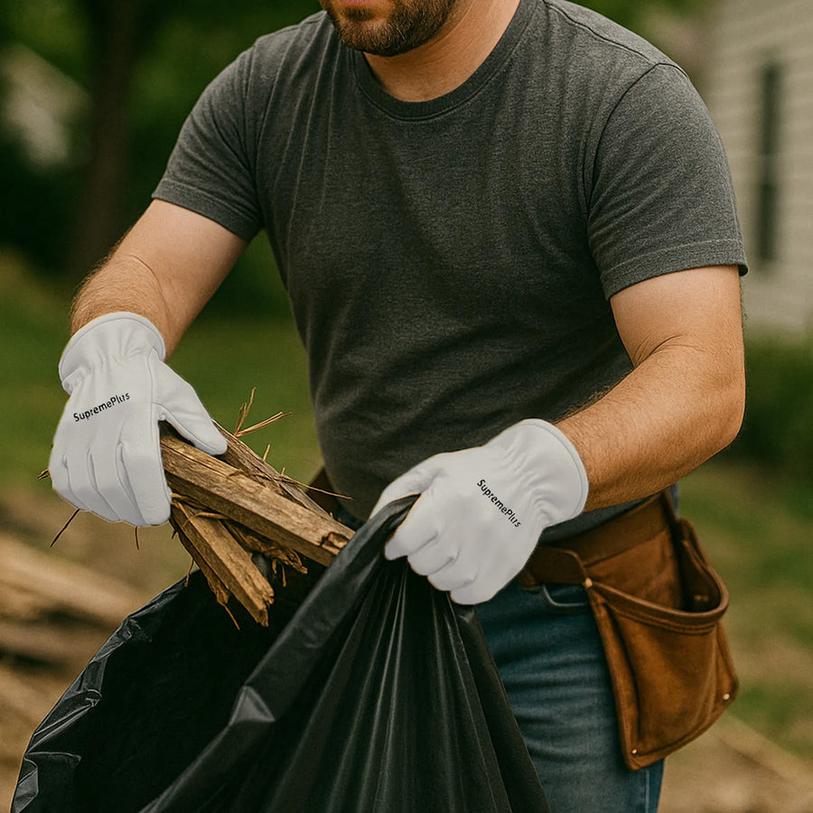 Worker wearing leather driver gloves while handling materials