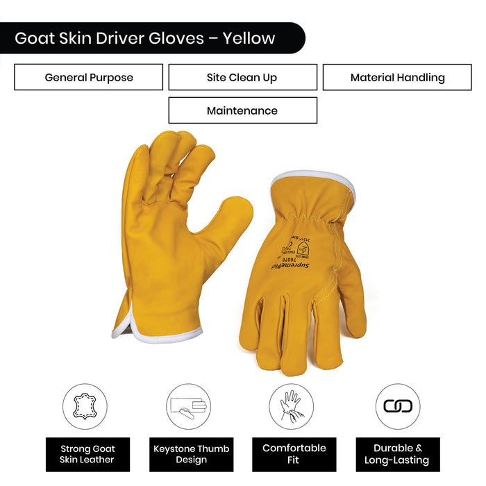 Goatskin Leather Driver Gloves - Yellow - L, XL, 2XL