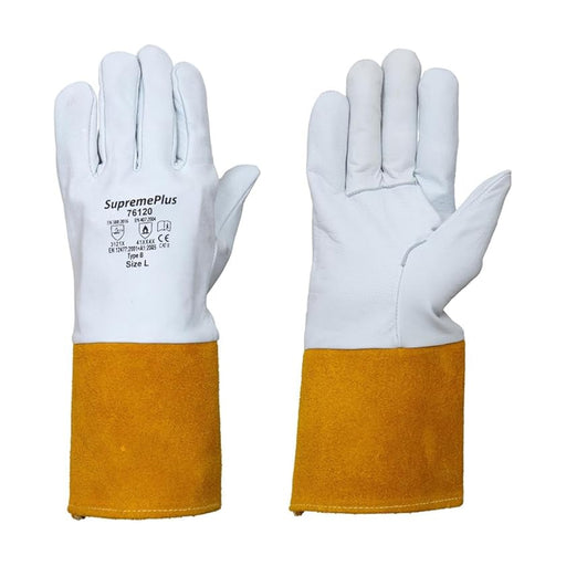 Grain Cowhide Leather MIG Welding Gloves with Extended Yellow Cuff - White - L, XL, 2XL