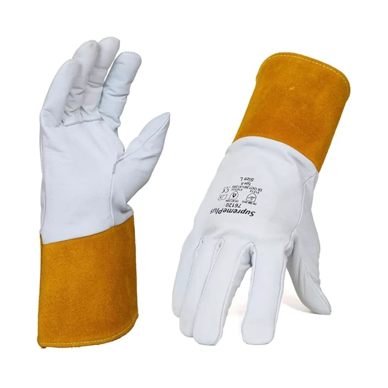 Grain Cowhide Leather MIG Welding Gloves with Extended Yellow Cuff - White - L, XL, 2XL - Wiping Hub