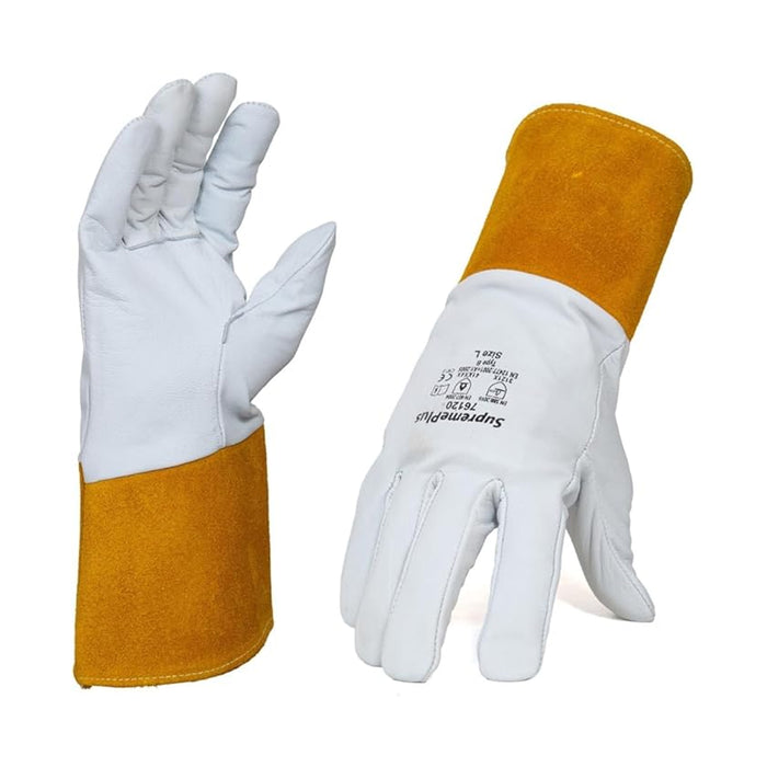 Grain Cowhide Leather MIG Welding Gloves with Extended Yellow Cuff - White - L, XL, 2XL