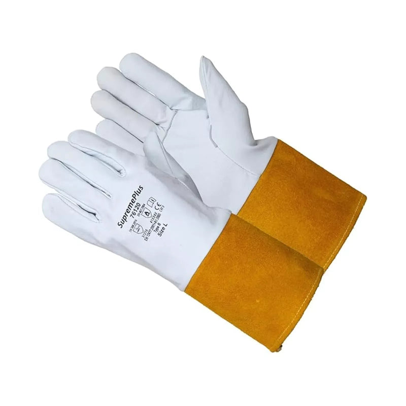 Grain Cowhide Leather MIG Welding Gloves with Extended Yellow Cuff - White - L, XL, 2XL - Wiping Hub