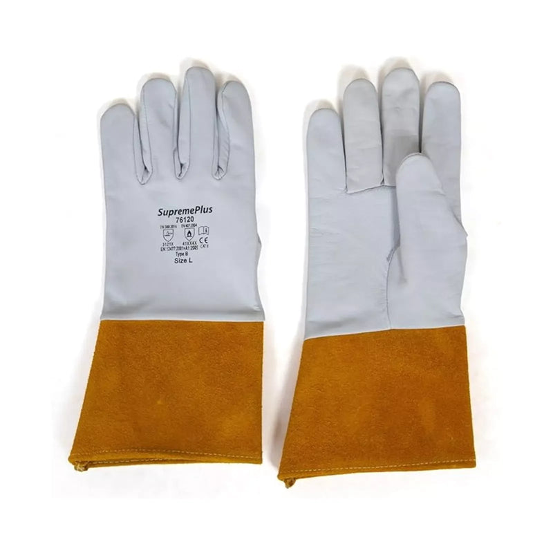 Grain Cowhide Leather MIG Welding Gloves with Extended Yellow Cuff - White - L, XL, 2XL - Wiping Hub