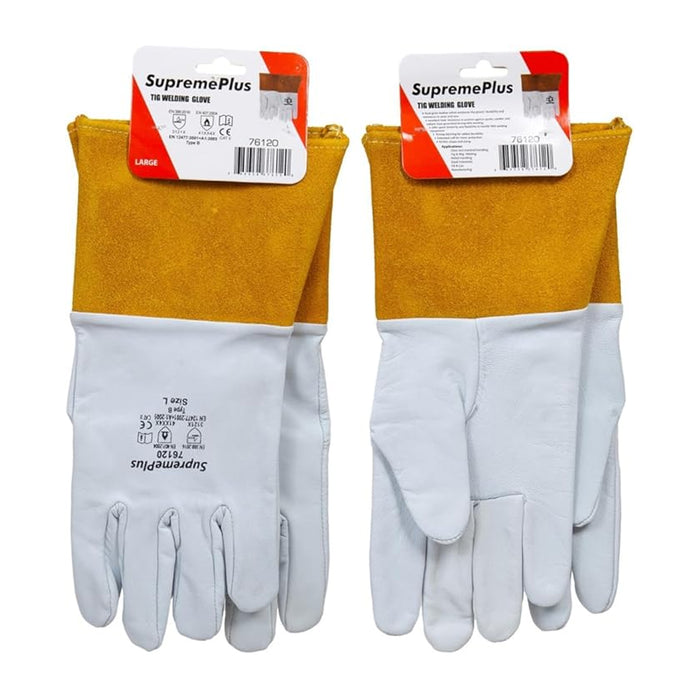 Grain Cowhide Leather MIG Welding Gloves with Extended Yellow Cuff - White - L, XL, 2XL