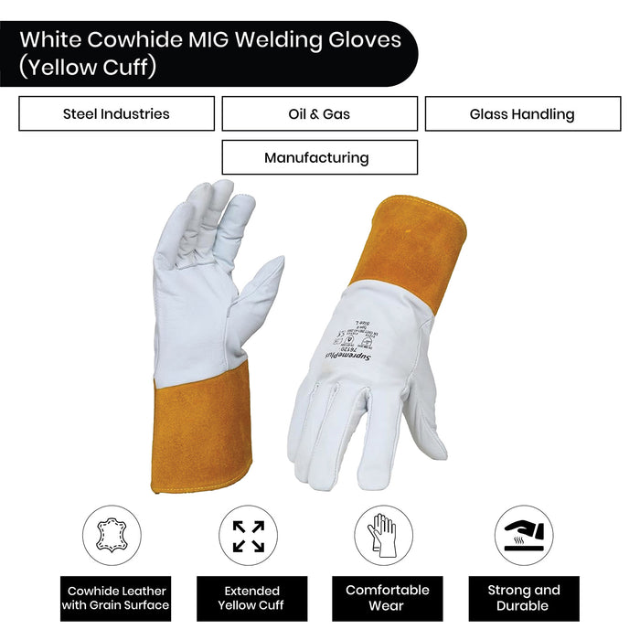 Grain Cowhide Leather MIG Welding Gloves with Extended Yellow Cuff - White - L, XL, 2XL