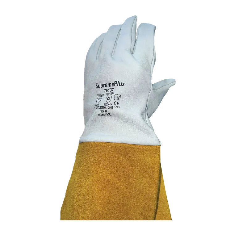 Grain Goatskin Leather TIG Welding Gloves with Extended Yellow Cuff - White - L, XL, 2XL - Wiping Hub