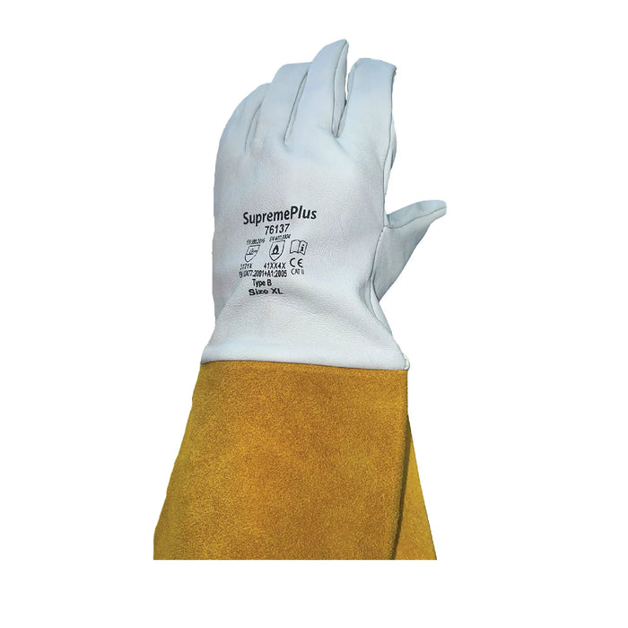 Grain Goatskin Leather TIG Welding Gloves with Extended Yellow Cuff - White - L, XL, 2XL - Wiping Hub