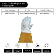 Grain Goatskin Leather TIG Welding Gloves with Extended Yellow Cuff - White - L, XL, 2XL - Wiping Hub