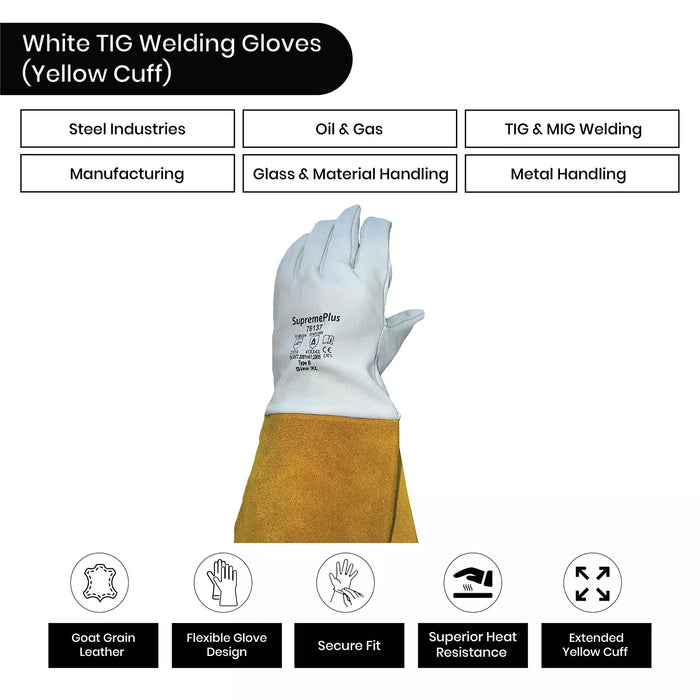 Grain Goatskin Leather TIG Welding Gloves with Extended Yellow Cuff - White - L, XL, 2XL - Wiping Hub