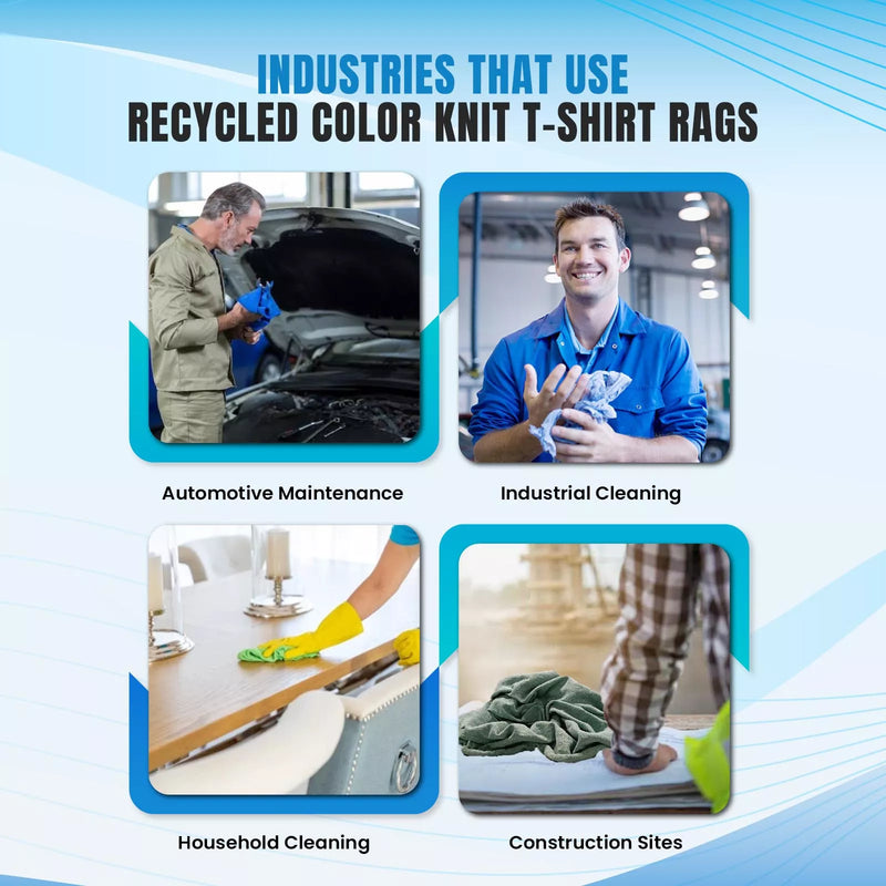 Recycled color knit T-shirt cleaning rags by Wiping Hub, showing soft, multi-colored fabric for industrial wiping tasks.