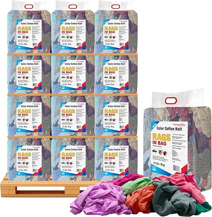 Multi-color washed T-shirt rags from Wiping Hub, 10 lbs bag of versatile cotton cleaning and wiping cloths.