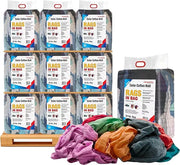 Multicolor washed T-shirt rags on pallet, bulk 25 lbs bag from Wiping Hub, for cleaning and industrial use