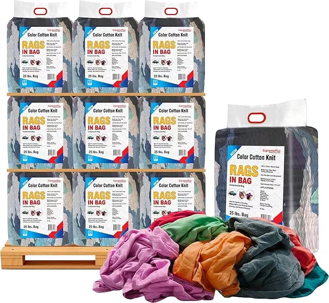 Multicolor washed T-shirt rags on pallet, bulk 25 lbs bag from Wiping Hub, for cleaning and industrial use