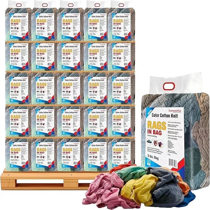 Multi-color washed T-shirt rags in a 5-pound bag from Wiping Hub, ideal for cleaning and industrial use.
